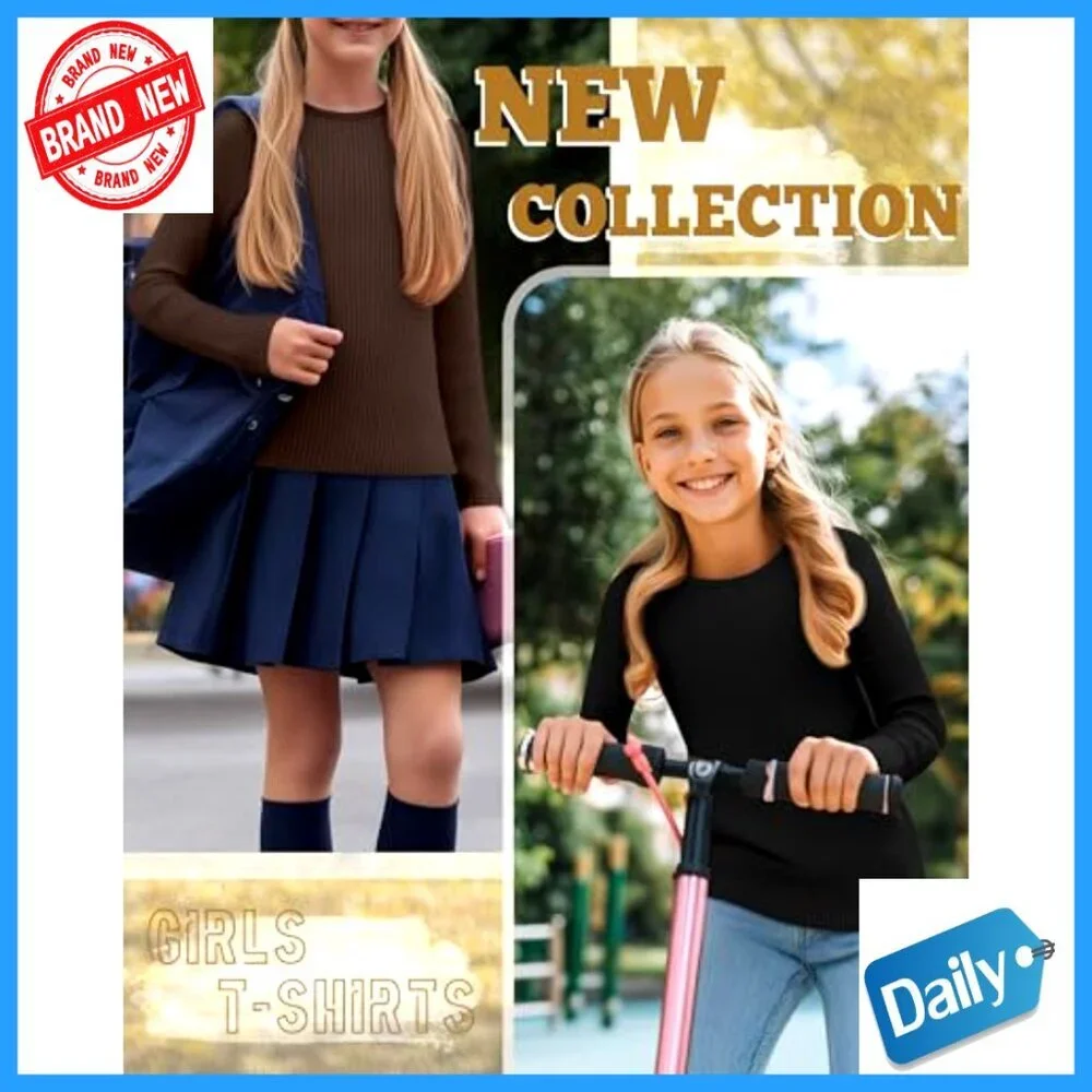 3 Pack Girls Long Sleeve Ribbed Cotton Tees Slim Fit Layering Tops